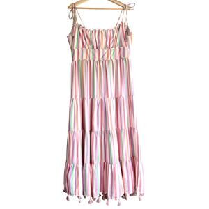 CHICWISH Tiered Rainbow Candies Stripes Maxi Dress Tassels Whimsy Boho Resort L
